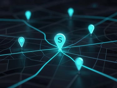 Stylized digital map with glowing pinpoints, representing local search optimization, dark background, neon cyan highlights, 35mm.