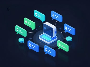Clean isometric diagram of AI chatbot interacting with customer service flow, neon blue and green accents, dark background, sleek tech aesthetic, 35mm.