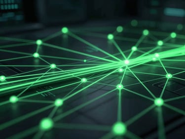 Abstract representation of data flowing through a secure network, glowing green lines, dark tech environment, sharp focus, 35mm.