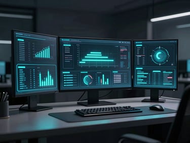 Clean, modern workspace with a holographic interface displaying data flows, neon cyan accents, sleek dark-mode tech photography, 35mm