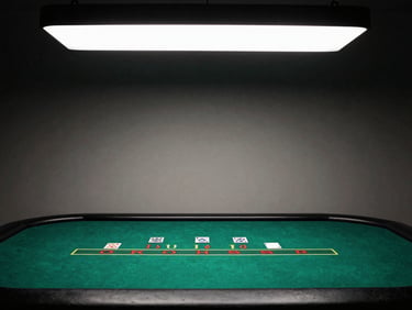 Stark documentary photography of an empty blackjack table, flat overhead lighting, desaturated green felt, high contrast shadows.