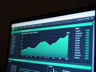 Close-up of a Spotify ad campaign dashboard on a monitor, showing performance graphs in electric turquoise, dark studio background, low-key lighting.
