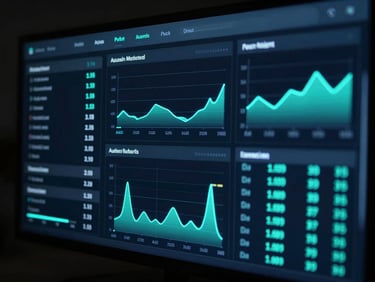 Digital dashboard with audience demographic data and interest graphs, glowing electric turquoise lines, dark tech-focused setting.