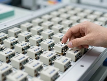 Close-up of a hand inspecting a batch of electronic components on a production line, bright warehouse lighting, sharp focus