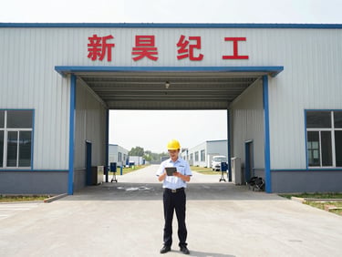 Professional inspector verifying supplier credentials at a factory entrance in Yiwu, China, bright neutral daylight, wide shot