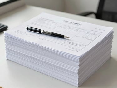 Organized stack of international shipping documents and customs forms on a desk, a pen resting on top, bright office lighting