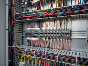 Macro shot of a perfectly organized electrical panel, clean copper wiring, technical precision, bright daylight, sharp industrial photography