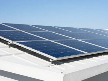 Close-up of modern solar panel array on a clean roof under bright daylight, reflecting a clear blue sky, sharp architectural lines