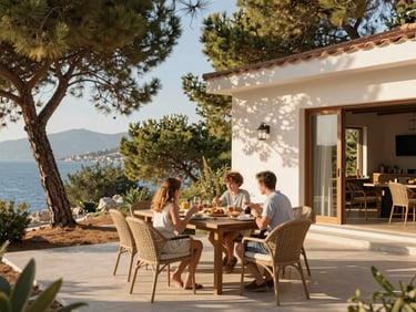 Soft natural shadows on a modern family villa patio in Fethiye, dining table set for breakfast, surrounded by pine trees, warm editorial travel photography