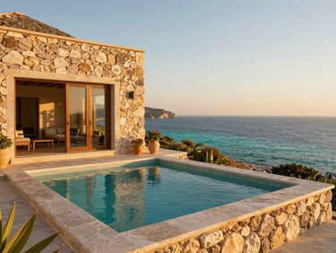 Warm golden hour light on a stone villa in Kas with a private pool overlooking the turquoise Mediterranean sea, 35mm lens
