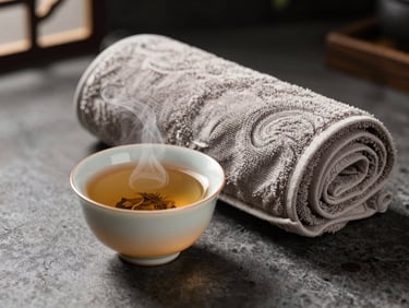 A steaming ceramic cup of herbal tea resting beside a neatly rolled, heavy-weight organic cotton towel in a serene room.