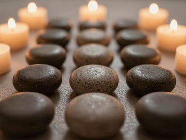 Macro shot of smooth, warm basalt therapy stones resting in a symmetrical line under soft, low-contrast candlelight.
