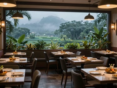 Elegant multi-cuisine restaurant interior with Indian dishes on tables, warm ambient lighting, no people