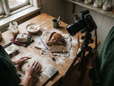 Overhead shot of a rustic wooden kitchen table with fresh sourdough, flour dusting, and a modern camera positioned on a tripod, natural moody lighting, 35mm.