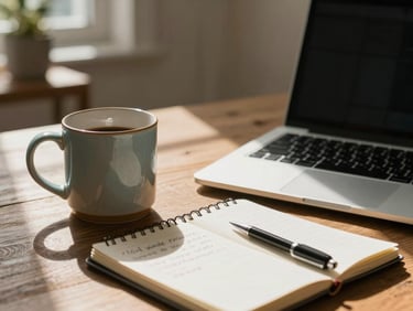 A sunlit home office with a ceramic mug, a notebook with clean handwriting, and a laptop open on a wooden table.