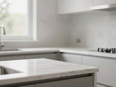 Modern kitchen interior, bright natural daylight, clean quartz countertops, 35mm lens