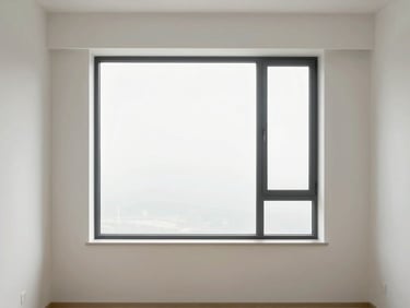 Minimalist bedroom with large window, soft natural daylight, clean lines, 35mm lens