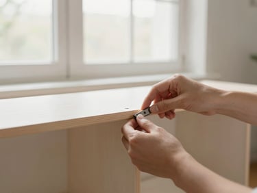 Close-up of hands assembling a pastel wood furniture piece with simple tools, soft morning window light, clean Scandinavian styling, 35mm lens.