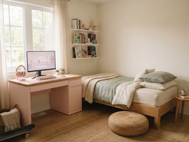 Wide shot of a teen bedroom corner, featuring a pastel wood gaming desk with a monitor, a low-profile bed, and a narrow wall floating book rack, all bathed in soft morning window light, clean Scandinavian styling, 35mm lens.
