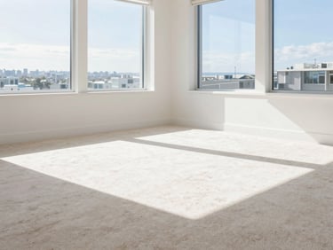 Bright sun-drenched modern living room with pristine clean beige carpet, natural daylight streaming through large windows, soft shadows, crisp clean white and blue tones