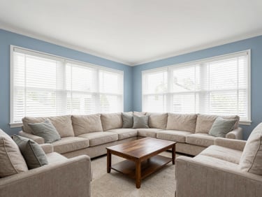 Wide shot of a tidy, well-lit living room with comfortable seating and open blinds.