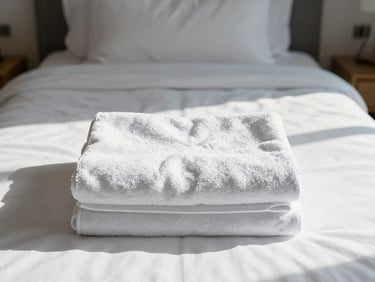 Straight-on medium shot of folded towels on a clean modern bed, bright daylight.