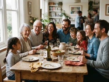 A warm, candid photograph of people of different ages laughing together around a rustic wooden table, soft natural daylight, 35mm film style