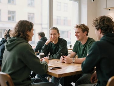 People sitting around a wooden table in a brightly lit modern Helsinki cafe, talking and laughing naturally