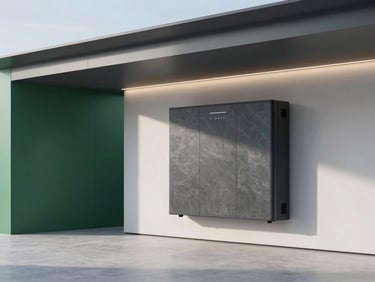 Minimalist modern garage interior with a sleek, wall-mounted slate-grey home battery unit, soft ambient lighting, clean futuristic design.