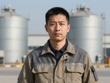 Professional portrait of a man in field-ready gear, crisp daylight, sharp focus, 35mm lens, industrial background.