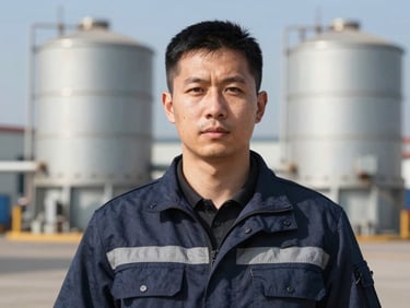 Professional portrait of a man in field-ready gear, crisp daylight, sharp focus, 35mm lens, industrial background.