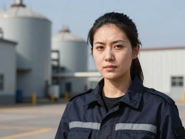 Professional portrait of a woman in field-ready gear, crisp daylight, sharp focus, 35mm lens, industrial background.
