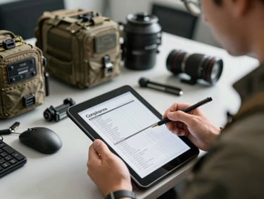 Professional team member in field gear reviewing a compliance checklist on a tablet, organized tactical office in background, sharp focus.