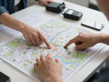 Medium shot of hands pointing at a detailed tactical map on a table, blueprints and communication devices visible, bright office lighting.