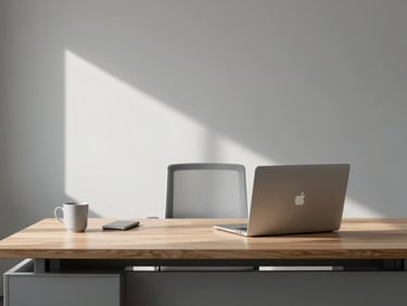 Minimalist corporate workspace, soft natural daylight, high-end hardware on a wooden desk, clean composition, medium format