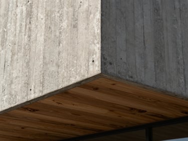 A close-up geometric detail of a modern concrete and timber facade under bright natural daylight, highlighting rich wood grain and raw concrete texture.