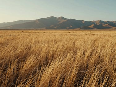 Wide view of a pristine parcel of land, golden grass texture, distant mountains, soft afternoon light.
