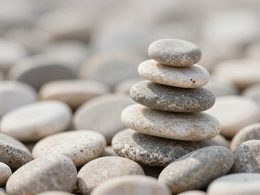 Close-up of smooth, light-colored pebbles stacked delicately, soft natural light, minimalist and serene, shallow depth of field