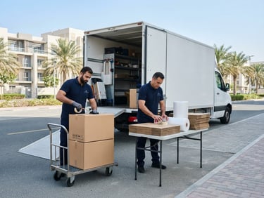 A clean, modern moving vehicle parked in bright Abu Dhabi daylight, professional logistics crew in neat uniforms preparing high-quality packing materials, medium shot, 35mm lens.