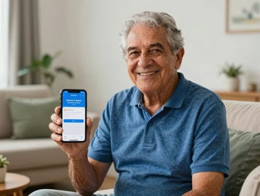 Environmental portrait of an authentic Brazilian retiree smiling warmly in a sunlit living room, holding a smartphone showing a secure banking application, soft natural daylight, warm editorial style, 35mm lens