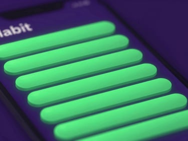 High-fidelity 3D app interface render of a habit tracker with glowing green quest bars floating in a dark violet void, rich saturated tones