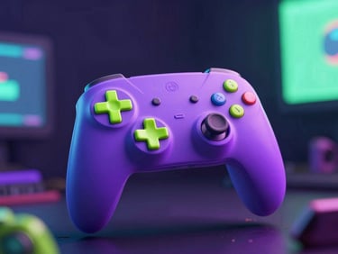 High-fidelity 3D render of a neon purple game controller floating in a dark digital space, vibrant lime green accents, dramatic screen-glow, shallow depth of field