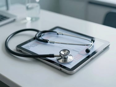 A clean clinical office desk with a stethoscope resting next to a tablet showing redacted patient timeline data, cool morning daylight