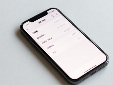 Close-up overhead flat-lay of a smartphone screen showing AliExpress checkout with customs duty and tax fields visible, clean white surface, studio daylight, crisp focus