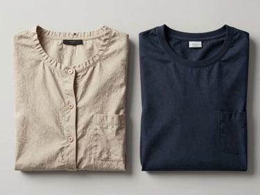 Overhead flat-lay of folded imported clothing items — a cotton blouse and two t-shirts — on a pale surface under clean studio daylight, no shadows, no people
