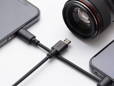 Close-up flat-lay of a smartphone charging cable and two phone accessories on a white surface under neutral studio daylight, clinical and sharp