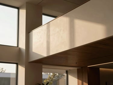 Architectural detail of a modern, warm minimalist office lobby, soft golden hour window light, rich cream and dark brown tones, 35mm