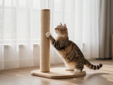 Stylish cat scratching post with a cat actively using it, natural pet photography, soft diffused window light, warm neutral tones, vertical framing.