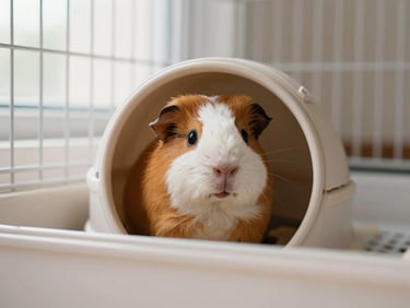 Cute guinea pig peeking out from a cozy hideaway in a clean cage, natural pet photography, soft diffused window light, warm neutral tones.