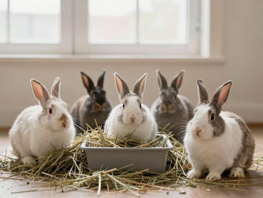 Various types of rabbit hay feeders filled with fresh hay, clean background, natural pet photography, soft diffused window light, warm neutral tones, vertical framing.
